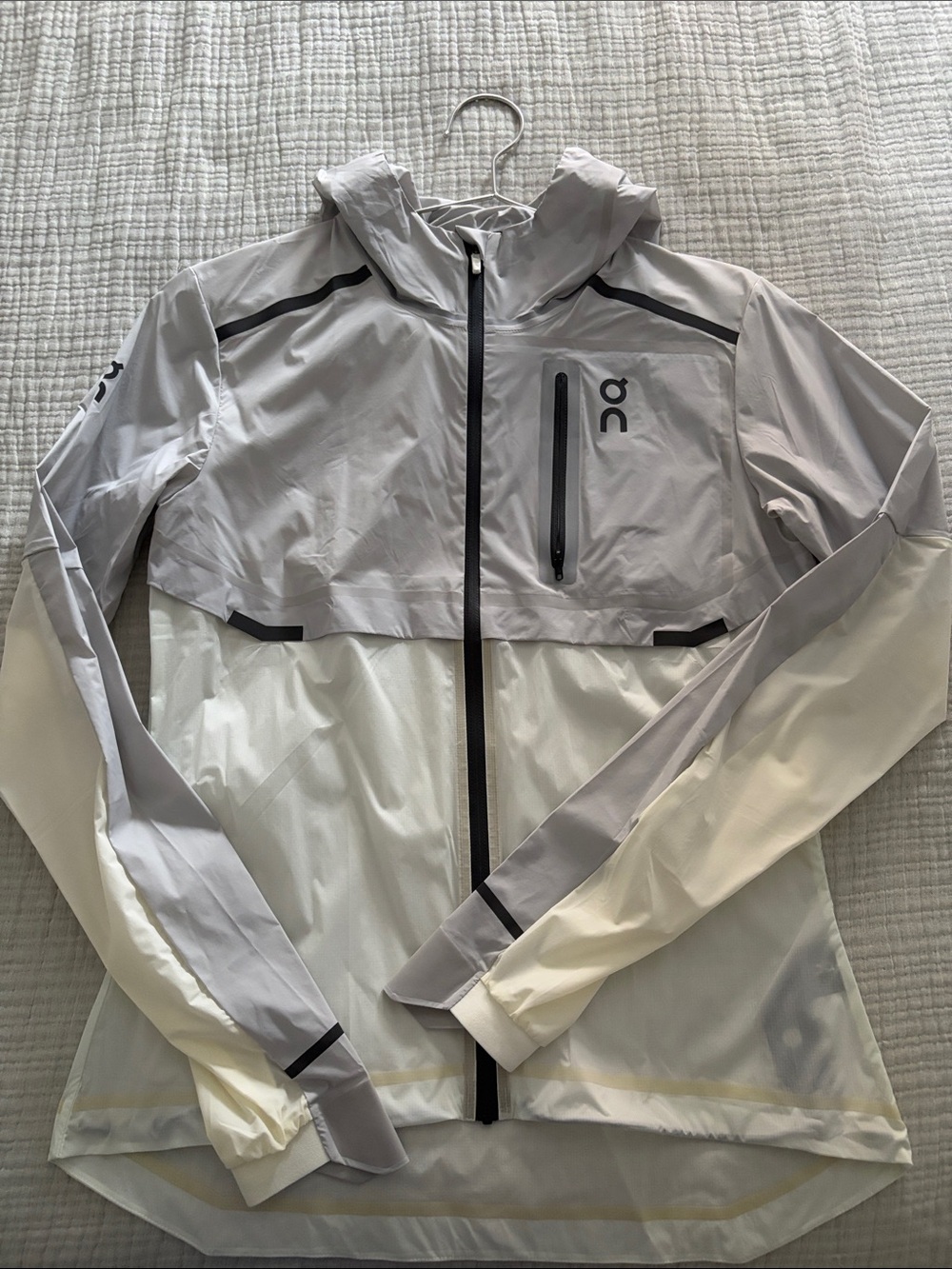 On Running Gray and White Hooded Performance Jacket